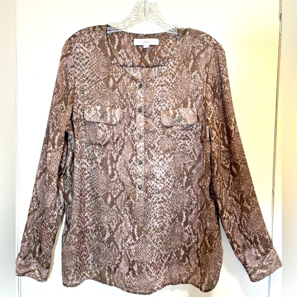 LOFT animal print semi-sheer long sleeved top.